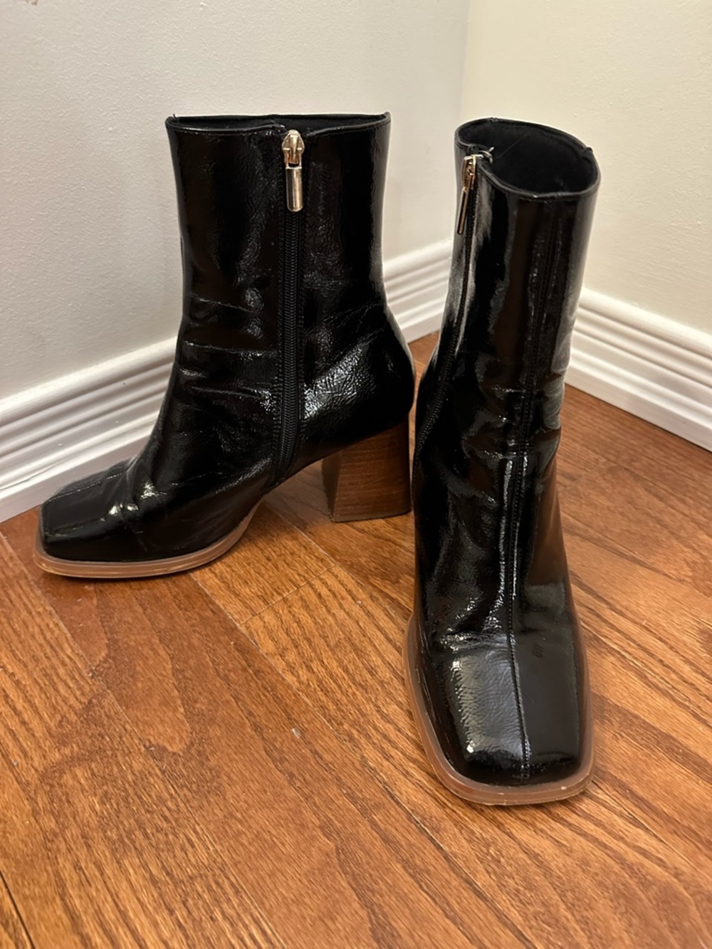 ASOS Wide Fit Black Patent Square Toe Block Heel Ankle Boots Size 8